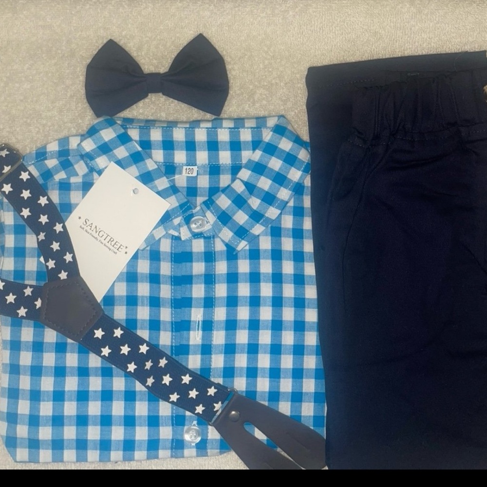 Little Boys Blue Checkered Shirt with Bow Tie and Suspenders Set